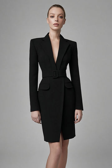 Black Pencil Long Sleeve Work Dress with Belt